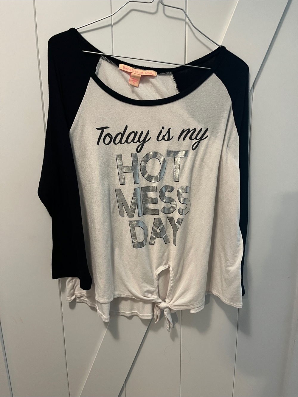 Rebellious One Black & White Tie-Front Raglan Long Sleeve Top